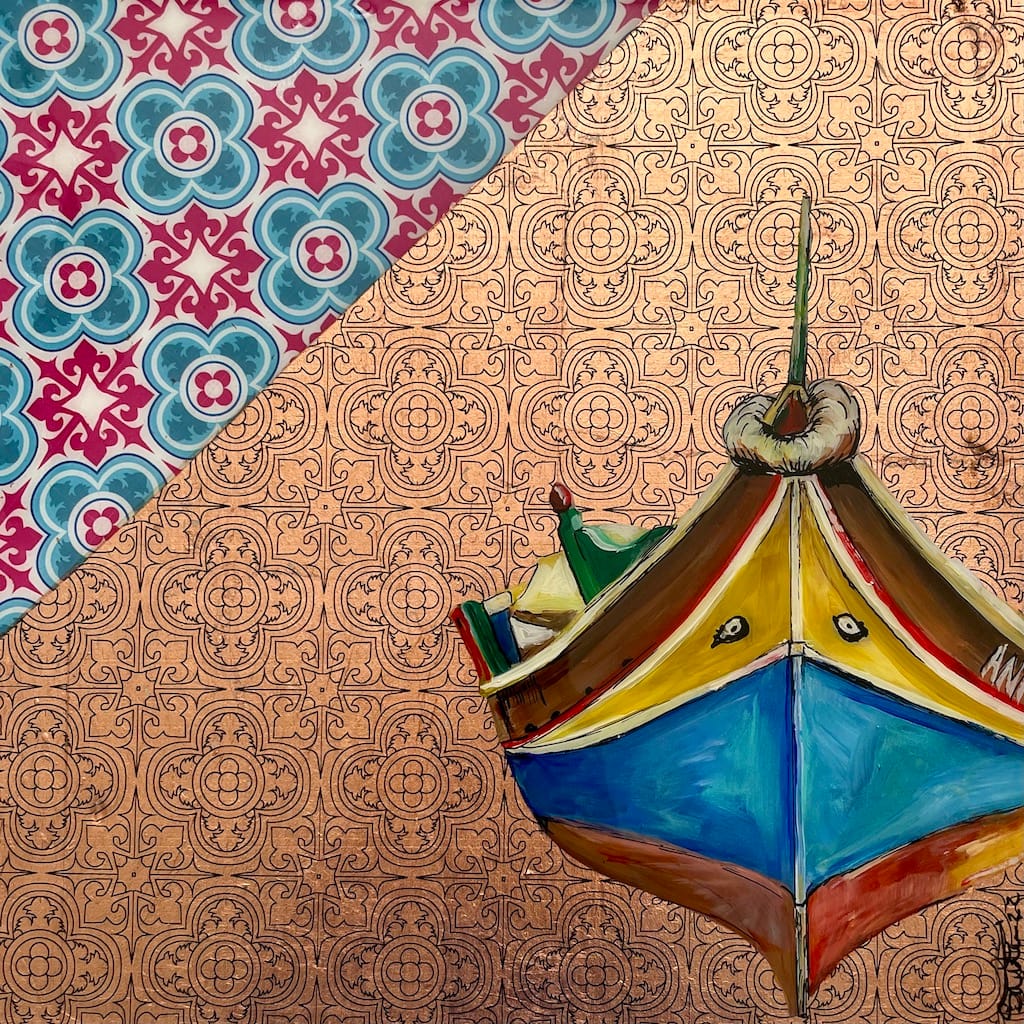Hand-painted Luzzu boat and tile wood hanging board - Mediterranean home decor by Bonnymia