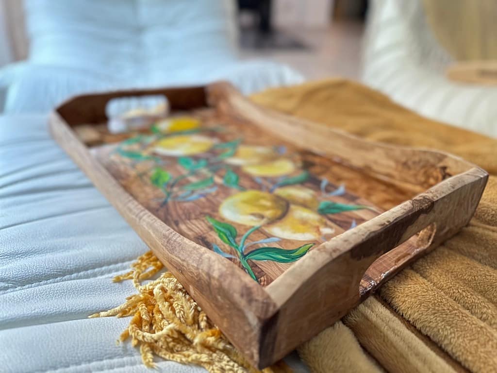 Hand-painted lemons rustic olive wood lap tray - Mediterranean home decor by Bonnymia