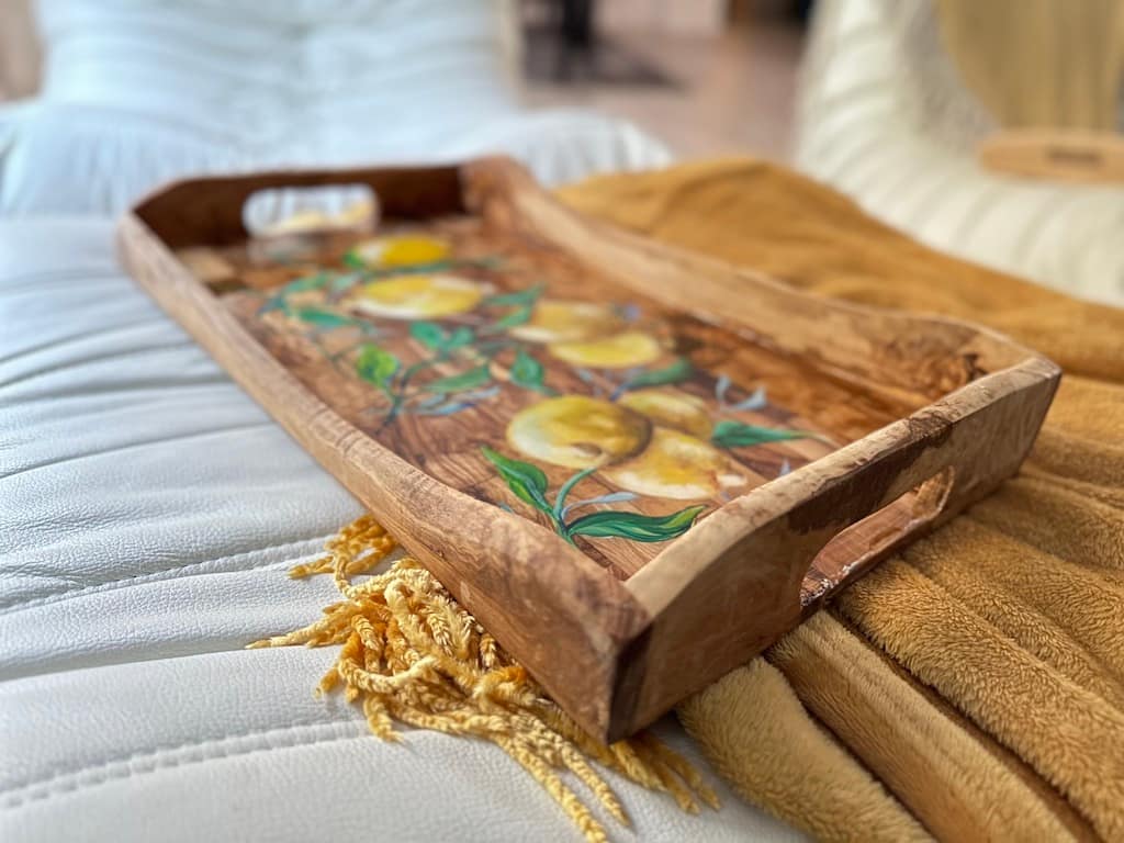 Hand-painted lemons rustic olive wood lap tray - Mediterranean home decor by Bonnymia