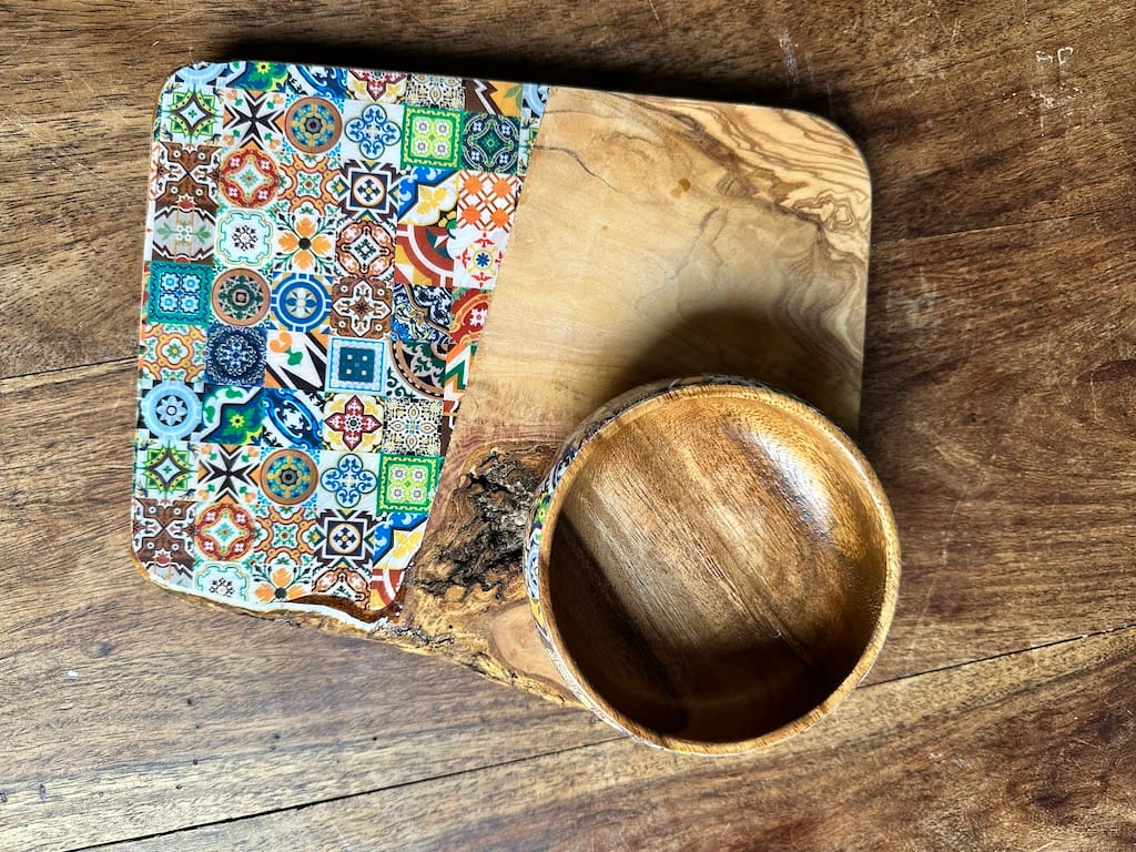 Mix tile painted-effect olive wood tapas charcuterie board - Mediterranean home decor by Bonnymia