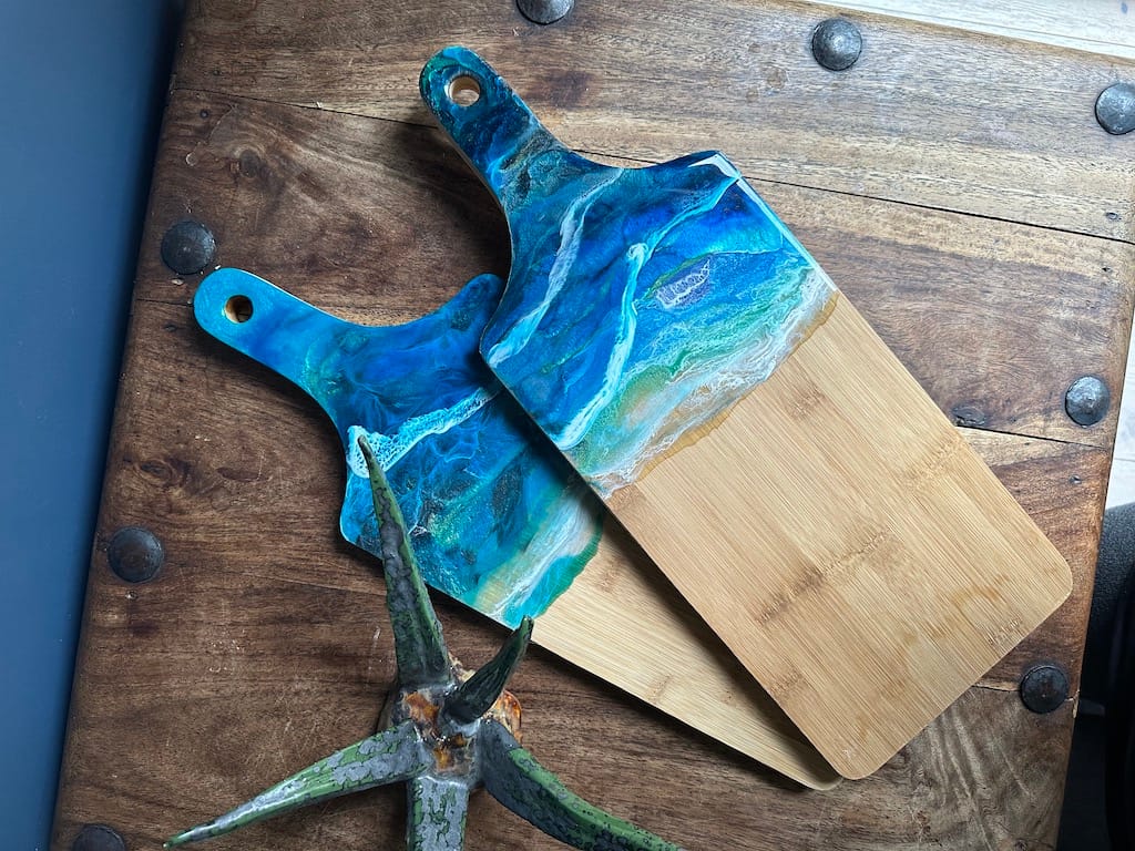 Blue Wave Ocean 3D Sea hand-painted bamboo thick paddle charcuterie board - Mediterranean home decor by Bonnymia