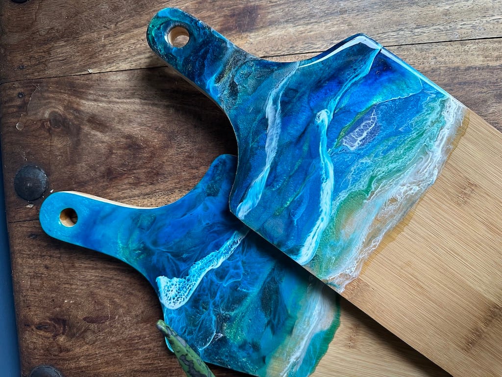Blue Wave Ocean 3D Sea hand-painted bamboo thick paddle charcuterie board - Mediterranean home decor by Bonnymia