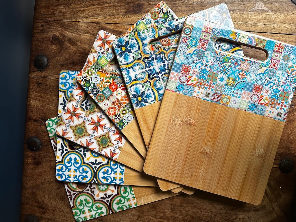Malta Cross tile painted-effect bamboo charcuterie board - Mediterranean home decor by Bonnymia