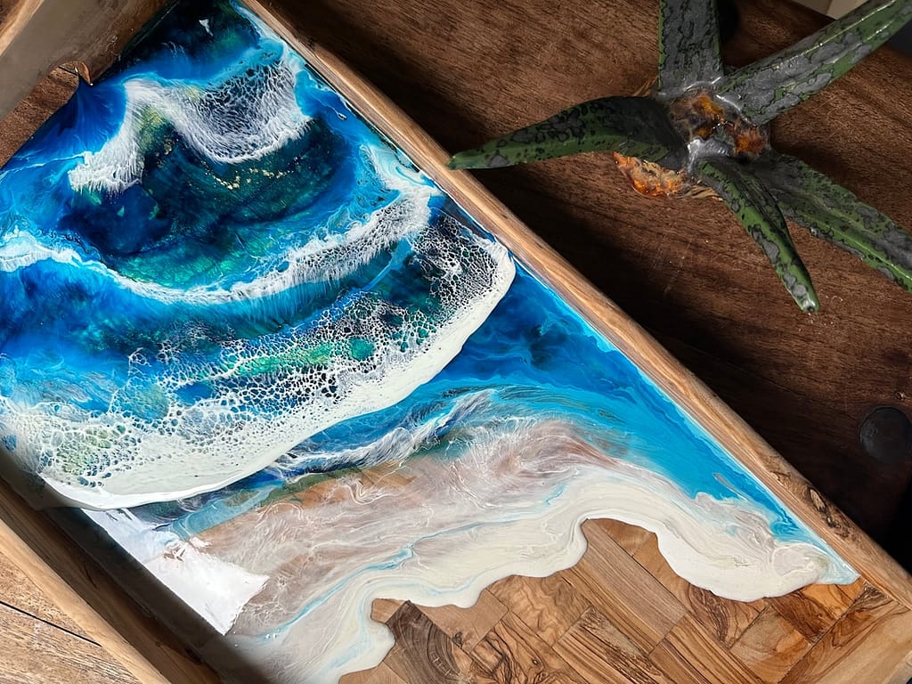 Wave hand-painted rustic olive wood lap tray - Mediterranean home decor by Bonnymia