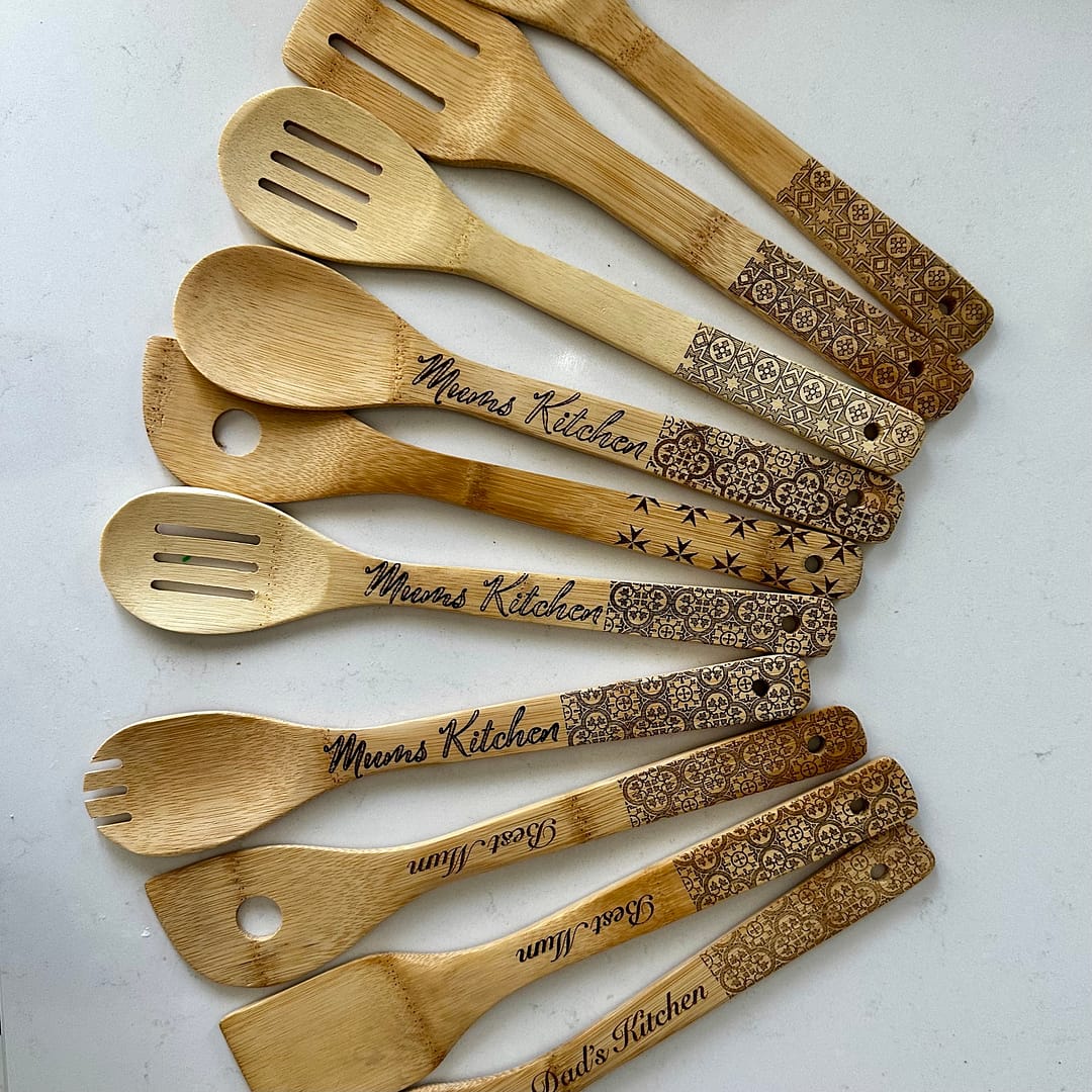 Nanna engraved tile bamboo salad utensil Dad's Kitchen - Mediterranean home decor by Bonnymia