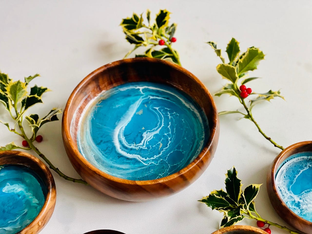 Hand-painted wave acacia wood bowl set - Mediterranean home decor by Bonnymia