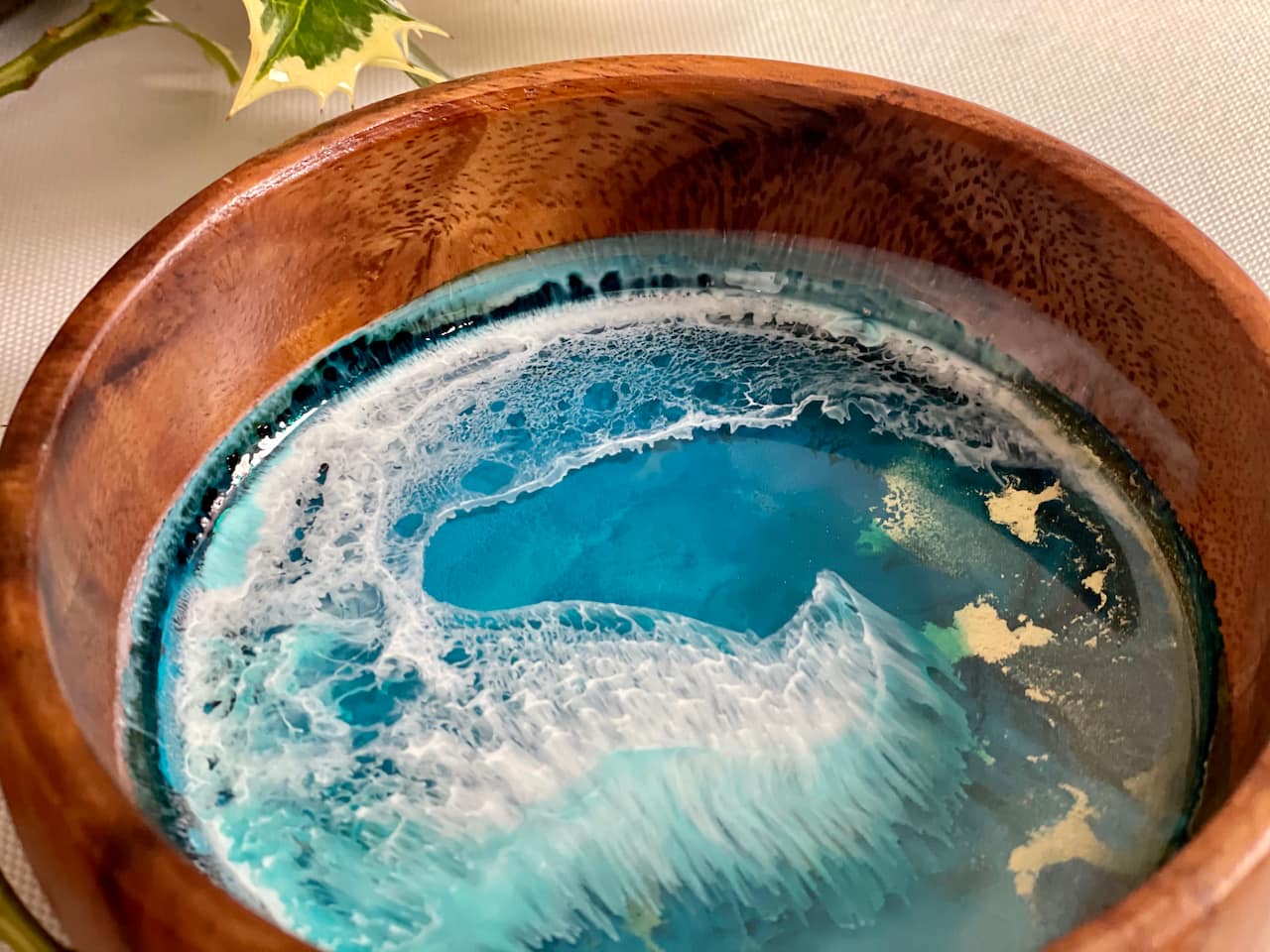 Hand-painted wave acacia wood bowl set - Mediterranean home decor by Bonnymia