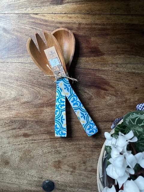 Nanna Blue painted-effect acacia salad utensils - Mediterranean home decor by Bonnymia