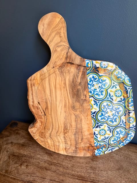 Nanna Blue Hand Painted Maltese Traditional Tile Handle Charcuterie Olive Wood Board 40 cm
