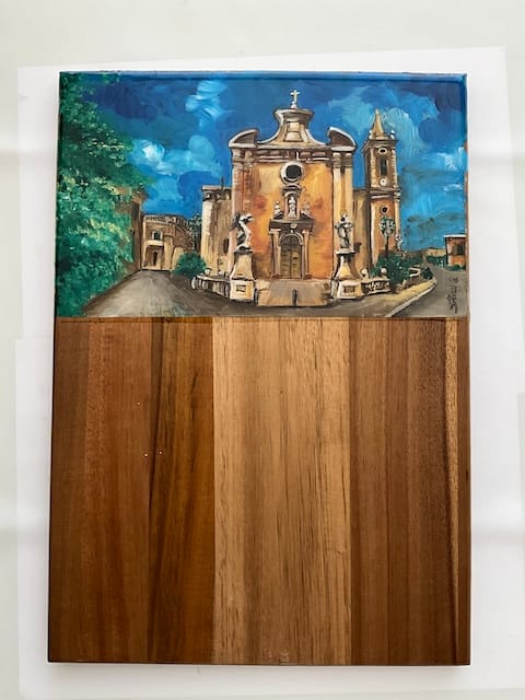 Hand-painted Balzan church charcuterie oak wood board