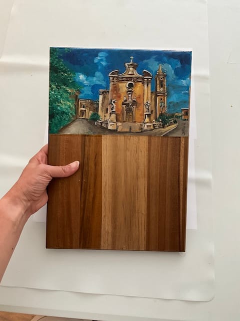 Painting hand Painted Balzan Malta church Charcuterie Oak Wood Board 33 x 20cm - Image 2