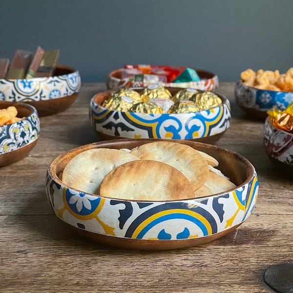 Nanna Blue tile-effect monkey pod salad bowl - Mediterranean home decor by Bonnymia