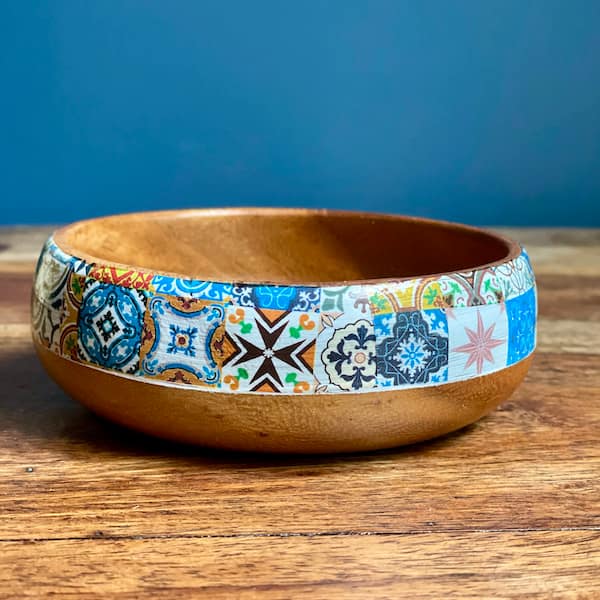Mix Tile painted-effect monkey pod salad bowl - Mediterranean home decor by Bonnymia