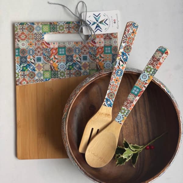Mix Tile painted-effect gift set - bowl, utensils and board - Mediterranean home decor by Bonnymia