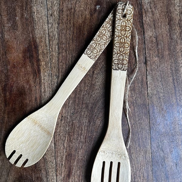 Leaf Cross engraved tile bamboo salad utensils - Mediterranean home decor by Bonnymia