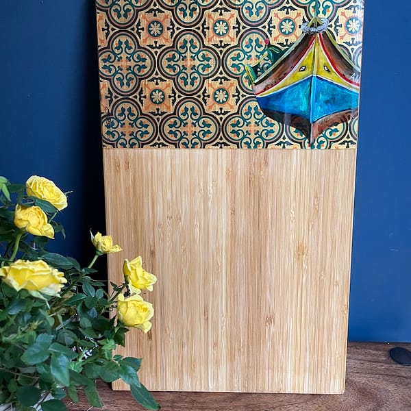Nanna Blue Tile and Hand Painted Luzzu Gold Charcuterie Bamboo Wood Board 45x 28cm