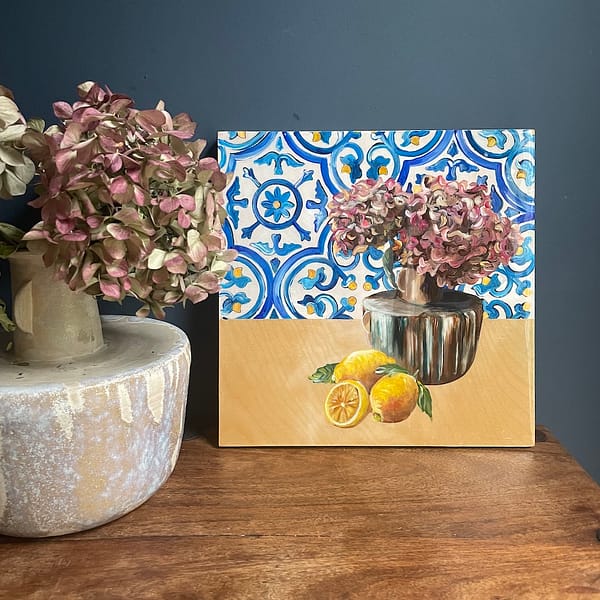 Hand-painted still life and tile wood hanging board - Mediterranean home decor by Bonnymia