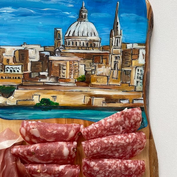 Painted Hand Painted Valletta view from Sliema Top Grain Olive Wood 40cm (approx) Charcuterie Serving board