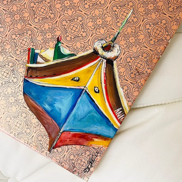 Hand-painted Luzzu boat and tile wood hanging board - Mediterranean home decor by Bonnymia