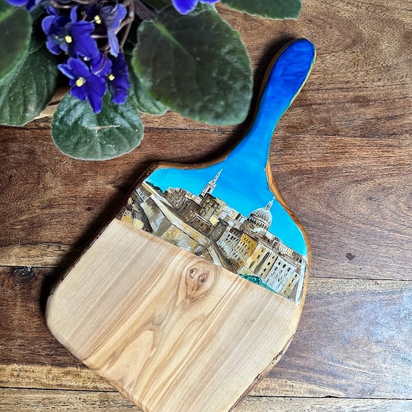 Painted Hand Painted Valletta view from Sliema Top Grain Handle Olive Wood 40cm (approx) Charcuterie Serving board