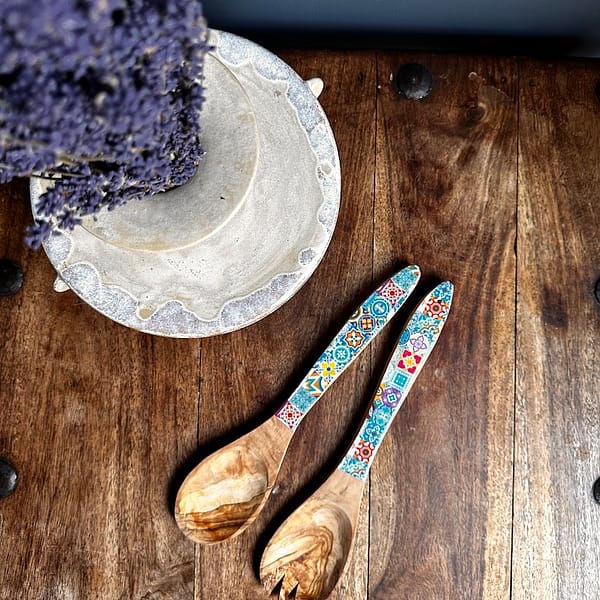 Bright Blue Mix tile painted-effect olive wood salad utensils - Mediterranean home decor by Bonnymia