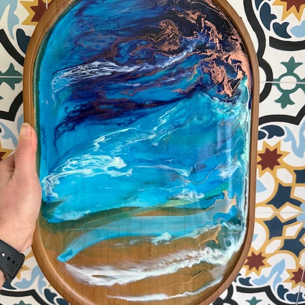 Hand-painted Blue Wave bamboo tray - Mediterranean home decor by Bonnymia