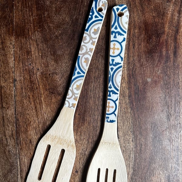 Nanna Grey Tile painted-effect bamboo salad utensils - Mediterranean home decor by Bonnymia