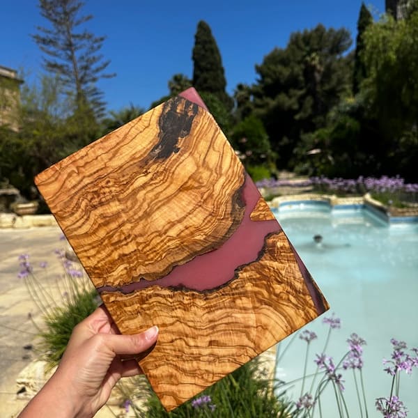 Hand-painted Coral Wave design olive wood charcuterie board - Mediterranean home decor by Bonnymia