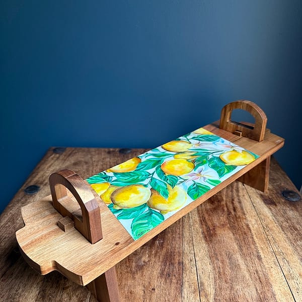 Hand-painted Lemons design acacia serving platter - Mediterranean home decor by Bonnymia