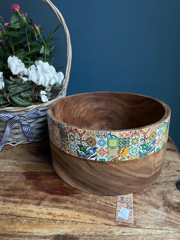 Mix tile painted-effect Teak Wood Barrel Bowl - Mediterranean home decor by Bonnymia