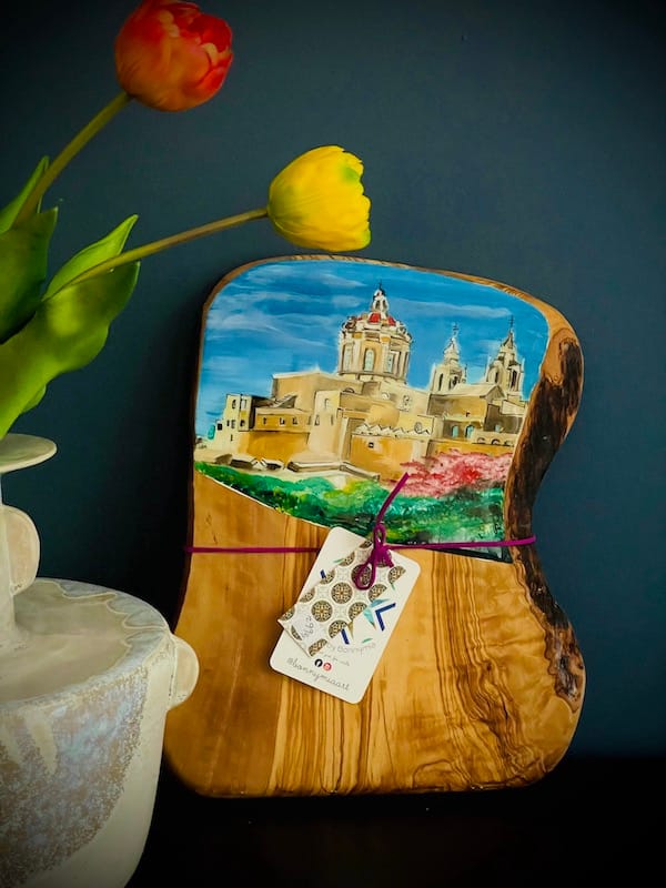 Mdina hand-painted olive wood piece - Mediterranean home decor by Bonnymia