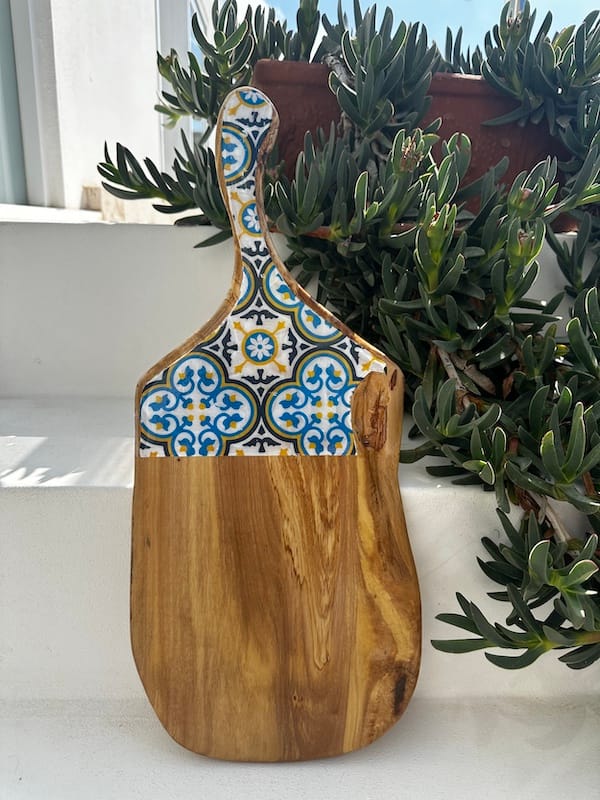 Nanna Blue tile painted-effect olive wood charcuterie board - Mediterranean home decor by Bonnymia