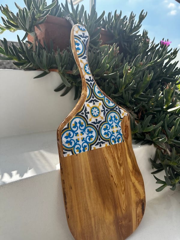Nanna Blue tile painted-effect olive wood charcuterie board - Mediterranean home decor by Bonnymia
