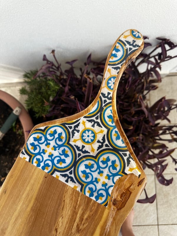 Nanna Blue tile painted-effect olive wood charcuterie board - Mediterranean home decor by Bonnymia
