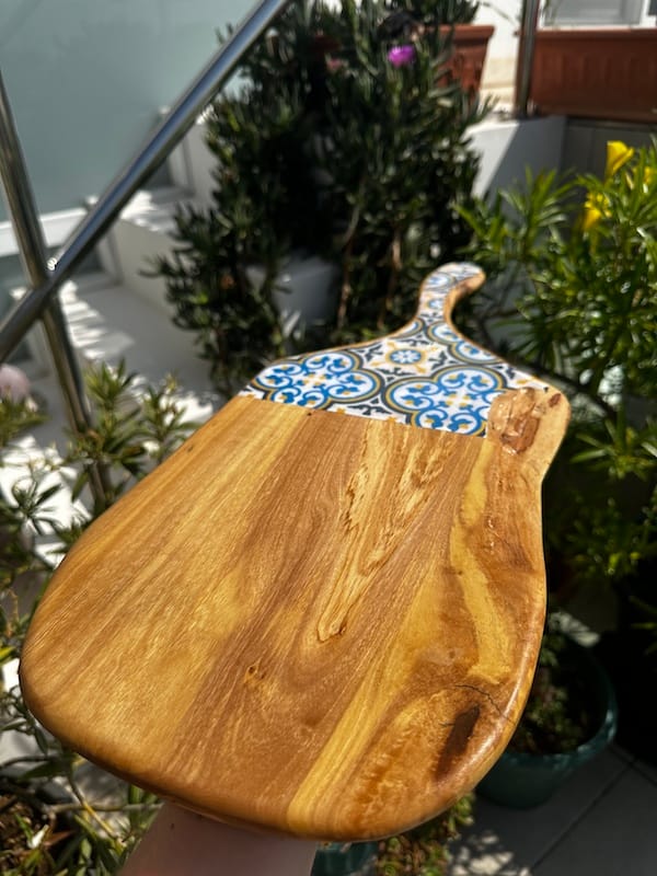 Nanna Blue tile painted-effect olive wood charcuterie board - Mediterranean home decor by Bonnymia