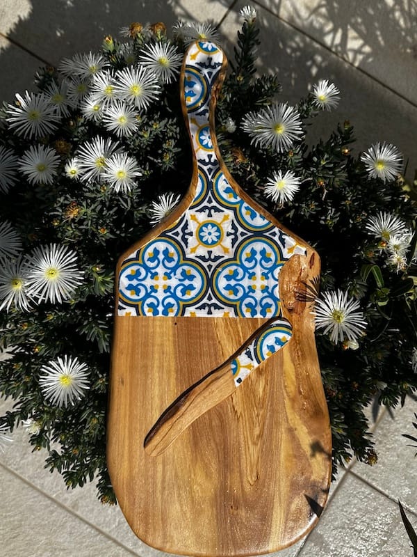 Nanna Blue tile painted-effect olive wood charcuterie board - Mediterranean home decor by Bonnymia