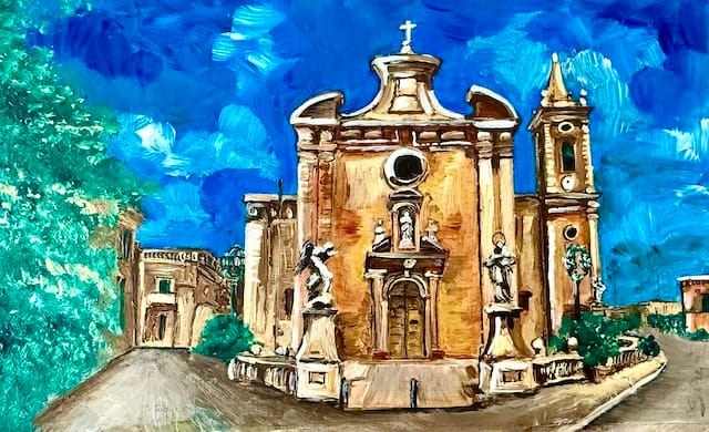 Painting hand Painted Balzan Malta church Charcuterie Oak Wood Board 33 x 20cm - Image 3