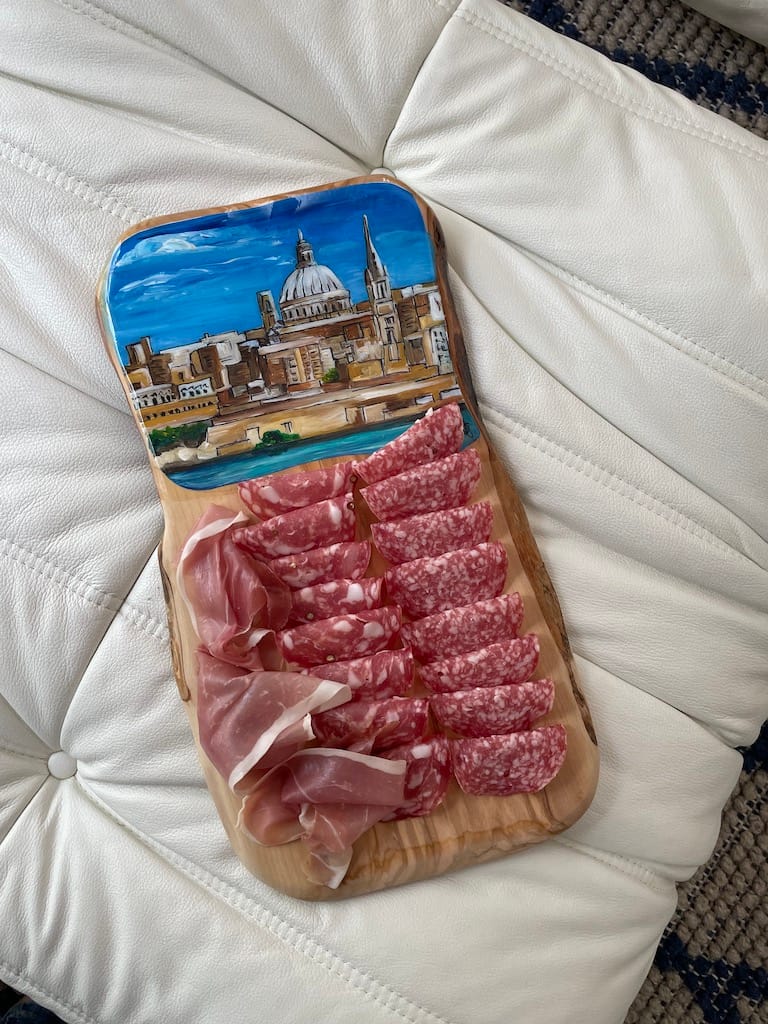 Hand-painted Valletta view from Sliema charcuterie board, olive wood - Mediterranean home decor by Bonnymia