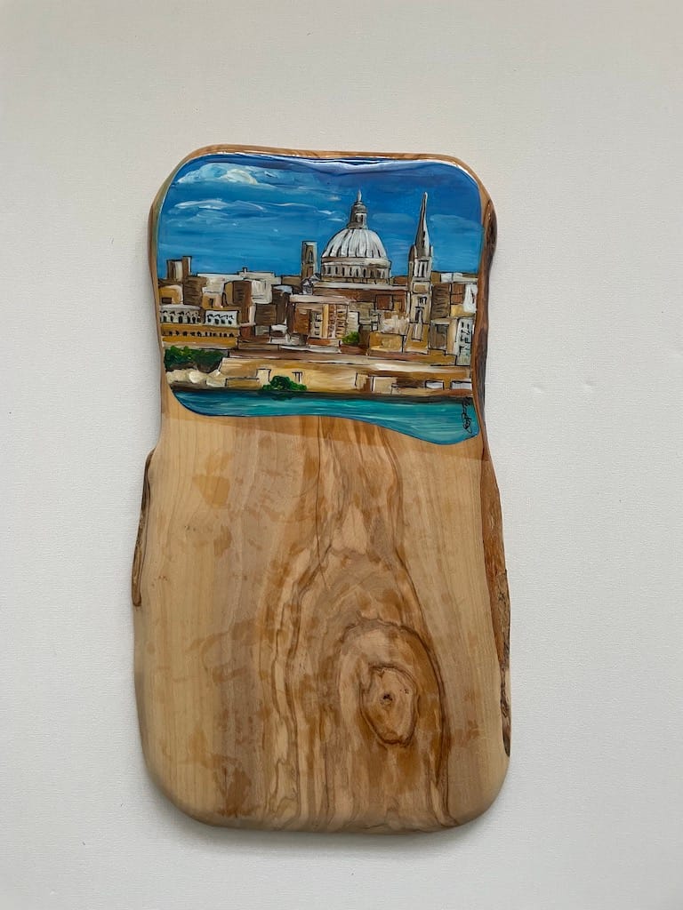 Hand-painted Valletta view from Sliema charcuterie board, olive wood - Mediterranean home decor by Bonnymia