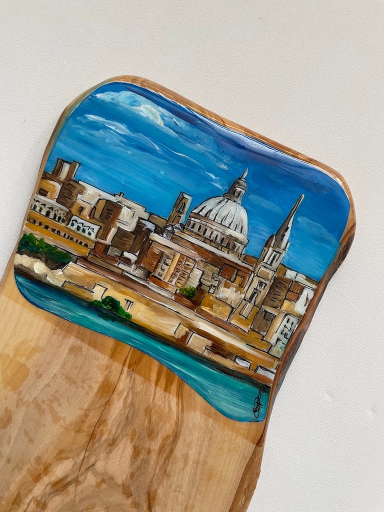 Hand-painted Valletta view from Sliema charcuterie board, olive wood - Mediterranean home decor by Bonnymia
