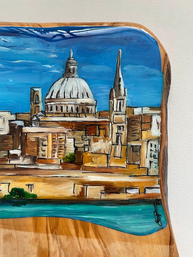 Hand-painted Valletta view from Sliema charcuterie board, olive wood - Mediterranean home decor by Bonnymia