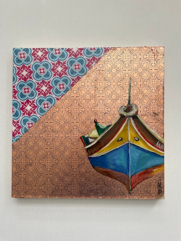 Hand-painted Luzzu boat and tile wood hanging board - Mediterranean home decor by Bonnymia