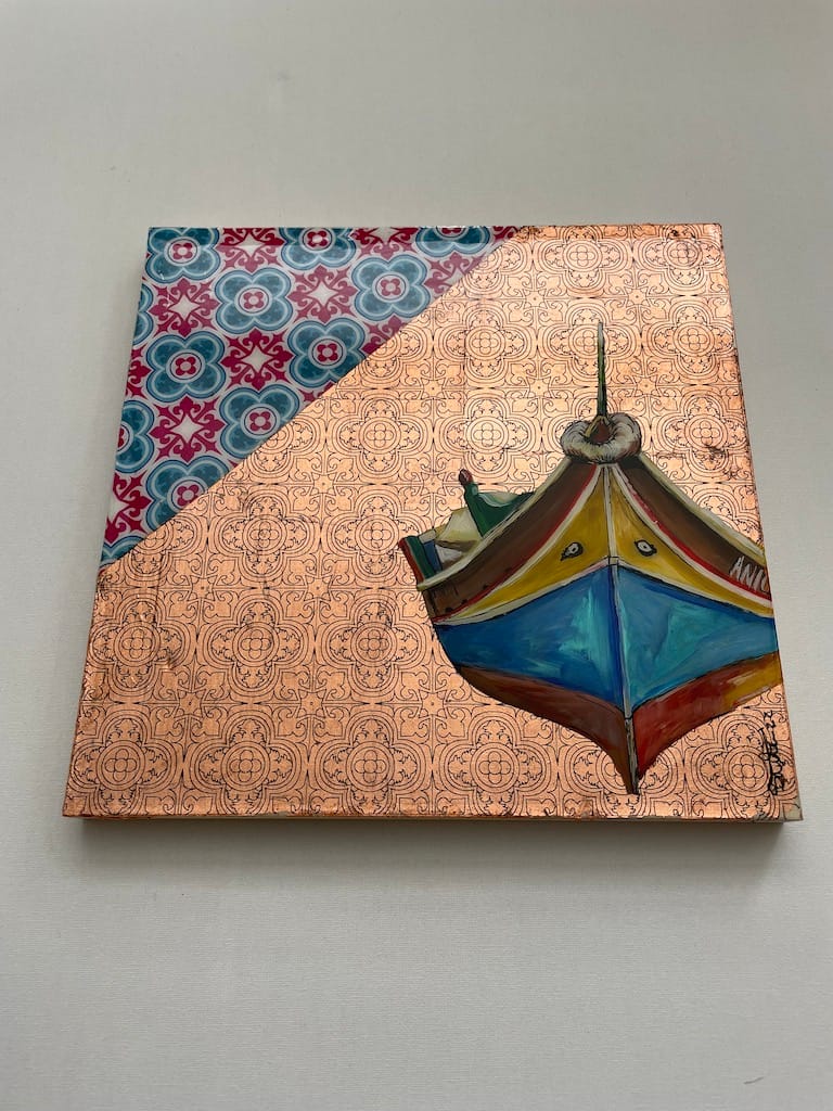 Hand-painted Luzzu boat and tile wood hanging board - Mediterranean home decor by Bonnymia