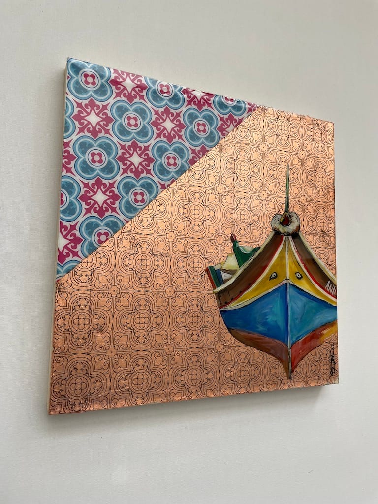 Hand-painted Luzzu boat and tile wood hanging board - Mediterranean home decor by Bonnymia