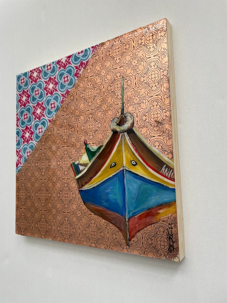 Hand-painted Luzzu boat and tile wood hanging board - Mediterranean home decor by Bonnymia