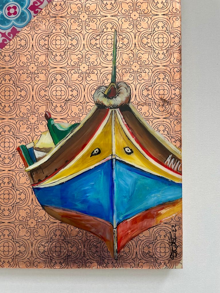 Hand-painted Luzzu boat and tile wood hanging board - Mediterranean home decor by Bonnymia