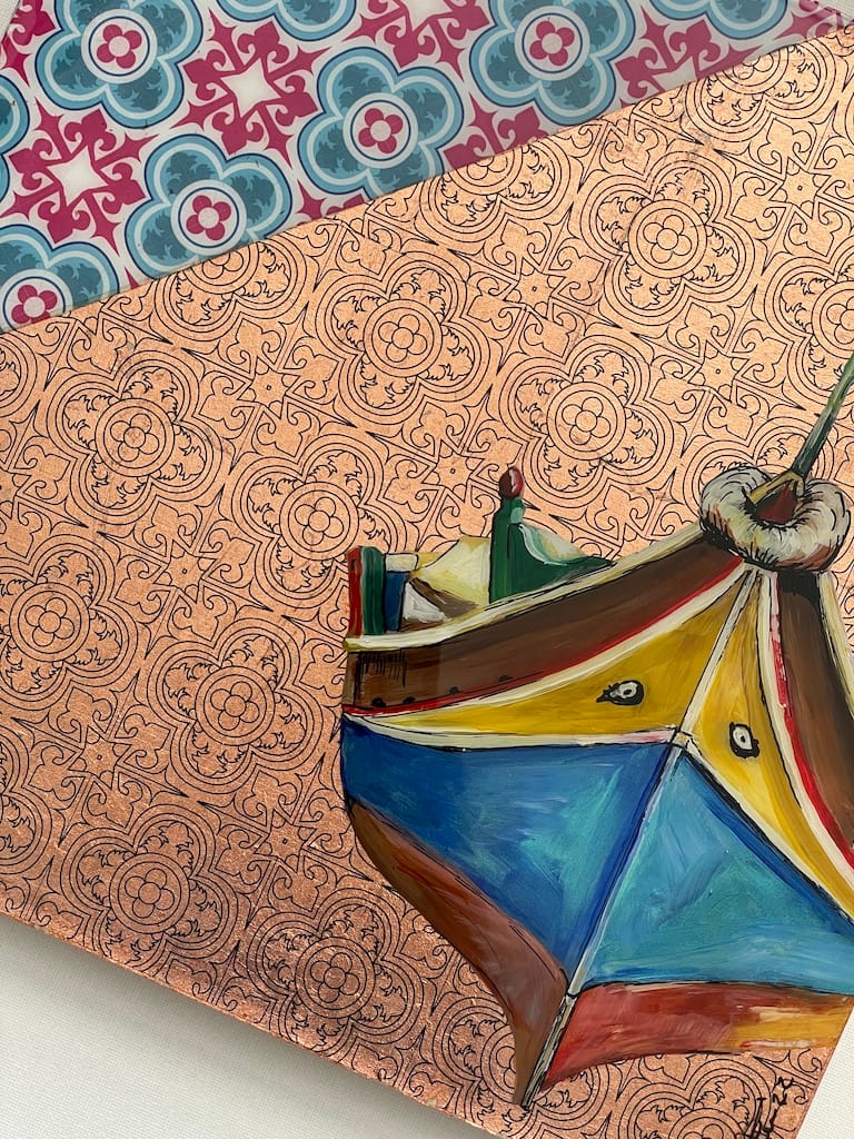 Hand-painted Luzzu boat and tile wood hanging board - Mediterranean home decor by Bonnymia