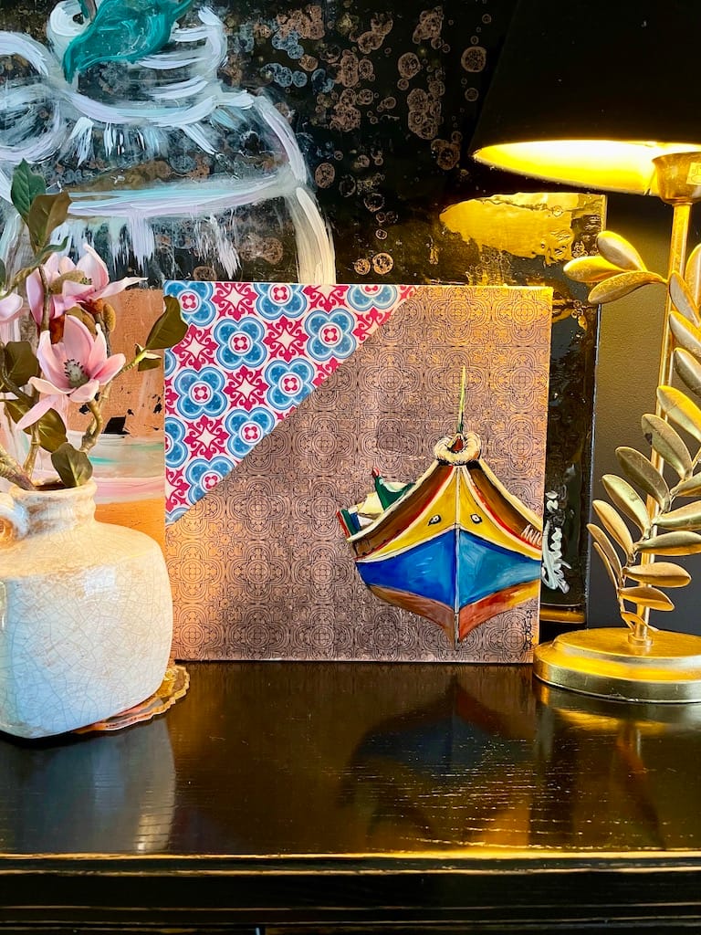 Hand-painted Luzzu boat and tile wood hanging board - Mediterranean home decor by Bonnymia