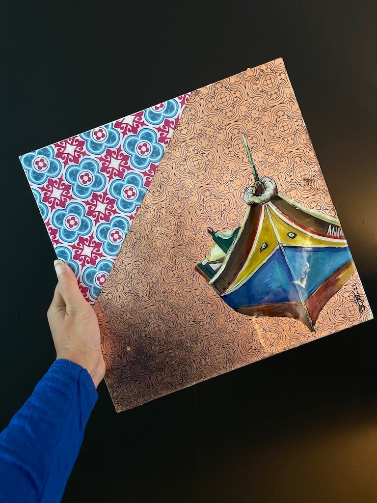 Hand-painted Luzzu boat and tile wood hanging board - Mediterranean home decor by Bonnymia