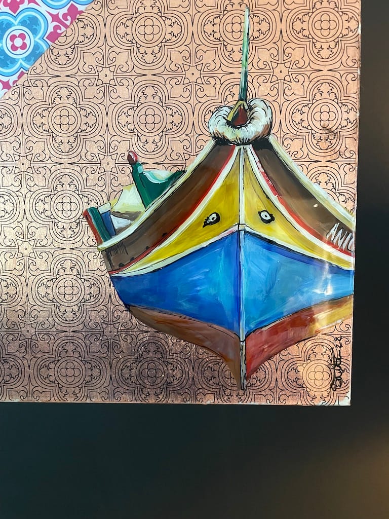 Hand-painted Luzzu boat and tile wood hanging board - Mediterranean home decor by Bonnymia